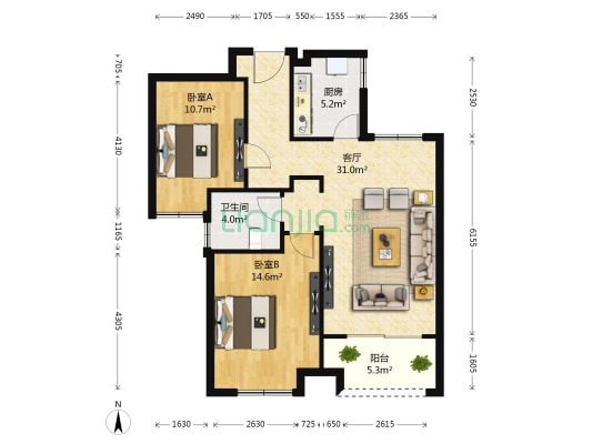 优山美地名邸 2室1厅1卫 88平方
