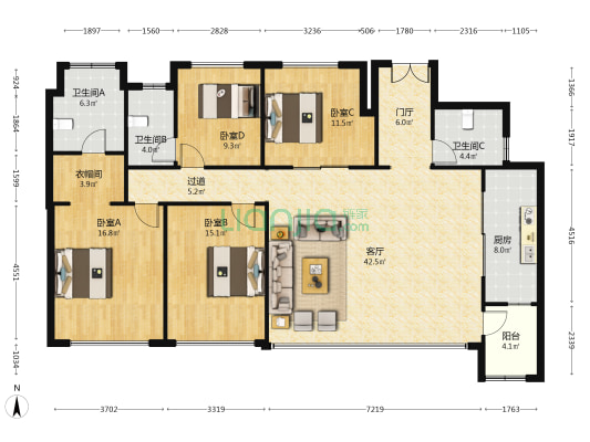 卓越永利云翠 4室1厅3卫 188平方