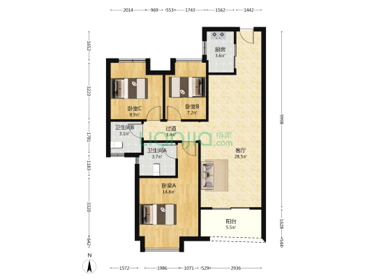 上坤云启都会 3室1厅2卫 103平方