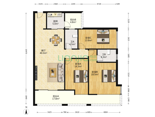 万科缤纷四季北区 3室1厅2卫 120平方