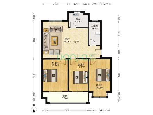 康体嘉苑 3室1厅1卫 106平方