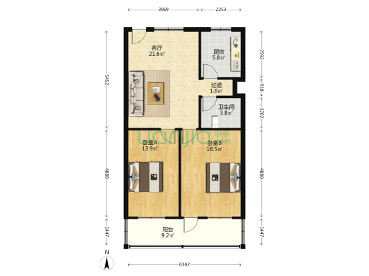 中国银行宿舍 2室1厅1卫 82平方
