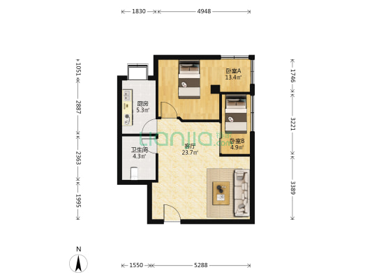 新华路277号 2室1厅1卫 65平方