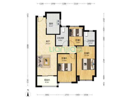 国贸鹭原 3室1厅2卫 95平方