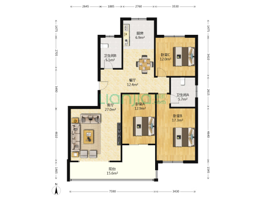 枫景家园 3室2厅2卫 145平方