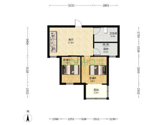中船汉光家园 2室1厅1卫 73平方