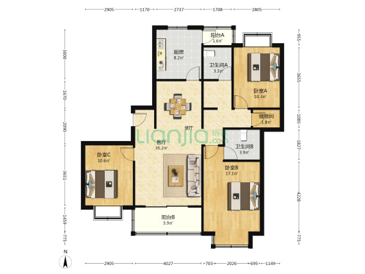金衡公寓 3室1厅2卫 133平方