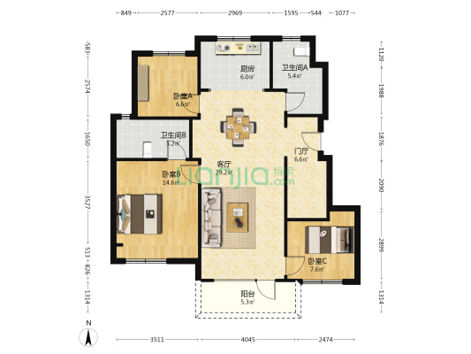 金地湾和府 3室1厅2卫 107平方