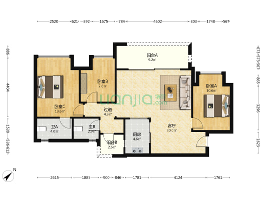 万科星光都会 3室1厅2卫 102平方