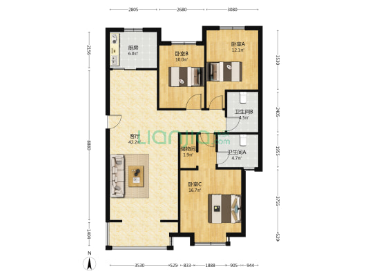 未来城A区 3室1厅2卫 139平方