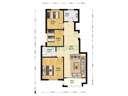 凯旋城 3室1厅1卫 90平方