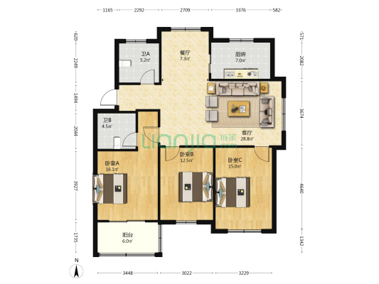 滨江嘉苑 3室2厅2卫 122平方