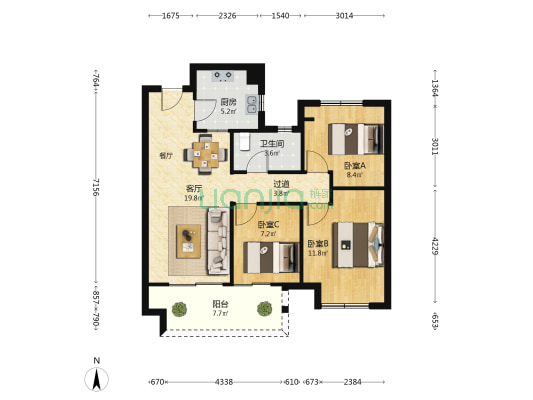 中奥滨河境 3室1厅1卫 89平方