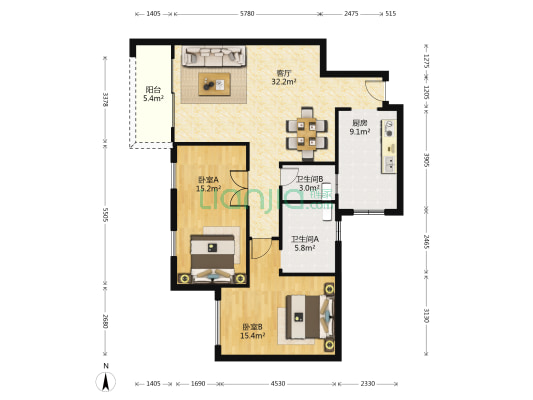 雅居乐花园中心城 2室1厅2卫 110平方