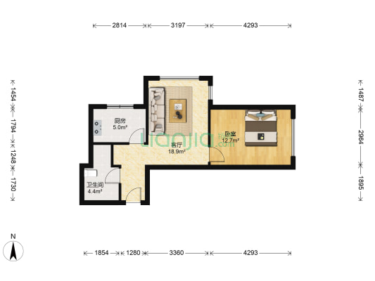 经典一居，宽敞明亮，有房本，精装修！带全部家具家电-户型图