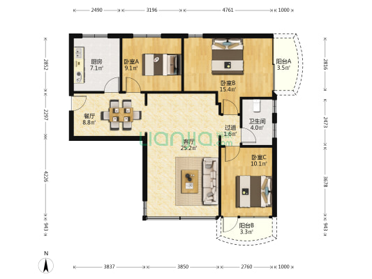 凤翔街 3室2厅1卫 98平方