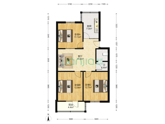 南郭路建行家属院 3室1厅1卫 90平方