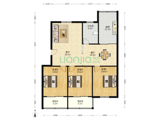 文馨花苑 3室2厅1卫 134平方