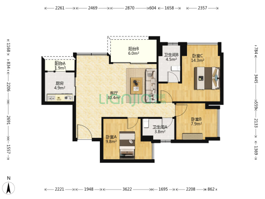 万科森林公园林涧 3室1厅2卫 99平方