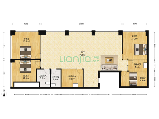 SOHO现代城 4室1厅2卫 228平方