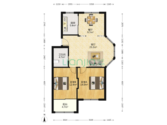 方边小区 2室2厅1卫 88平方