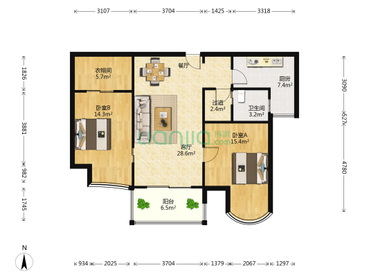 爱家亚洲花园一期 2室1厅1卫 115平方