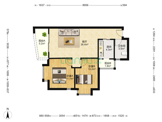 富力东堤湾 2室1厅1卫 82平方