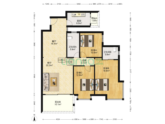 畔溪名都 3室2厅2卫 132平方