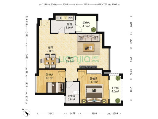 东城四季 2室2厅1卫 80平方