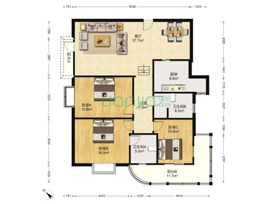 北苑富兴公寓 3室1厅2卫 137平方