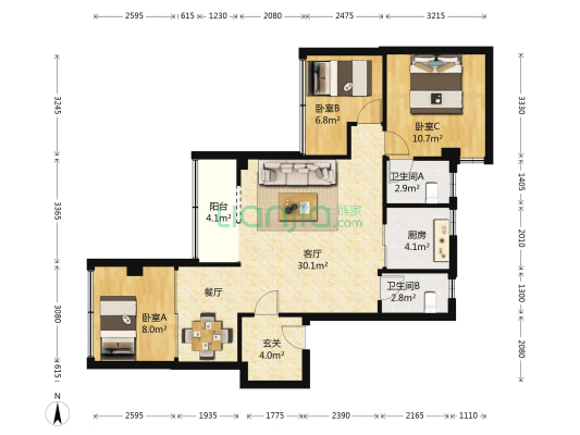中铁大厦 3室1厅2卫 95平方