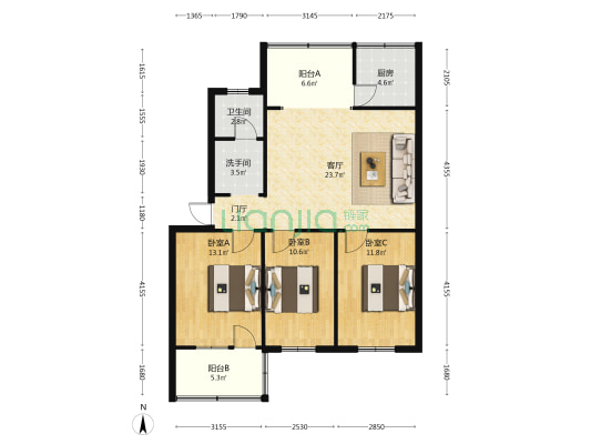 中华北大街25号院 3室1厅2卫 105平方