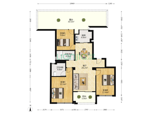 汇港城 3室1厅2卫 106平方