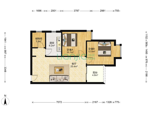 花果园X区 2室1厅0卫 77平方