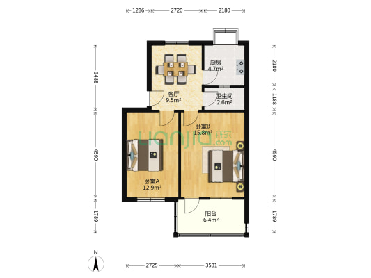 华龙路946号 2室1厅1卫 60平方
