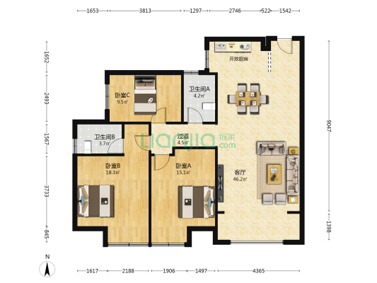 长水航城木槿苑 3室1厅2卫 123平方