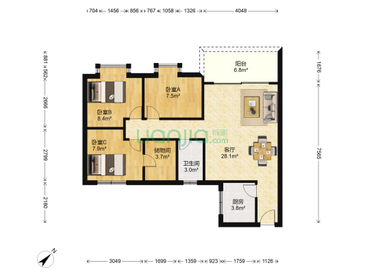 荷雨居 3室1厅1卫 81平方