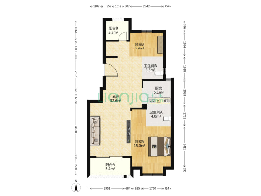悦堂府 2室1厅2卫 88平方