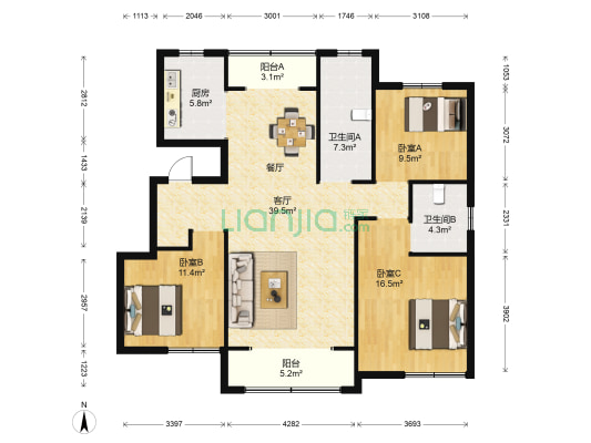 万特公馆B区 3室1厅2卫 143平方