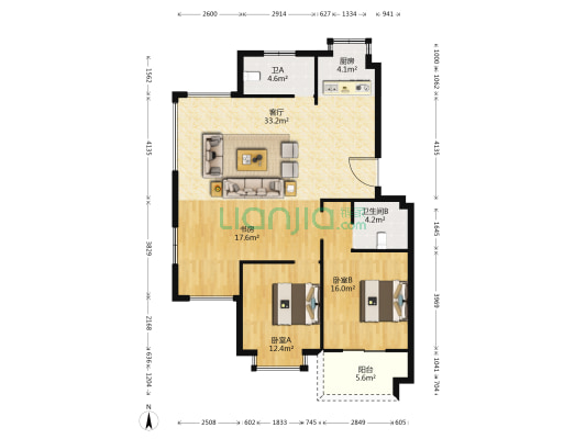 霞鸿锦园 3室1厅2卫 110平方