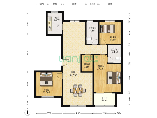 唐人中心B区 3室1厅2卫 144平方