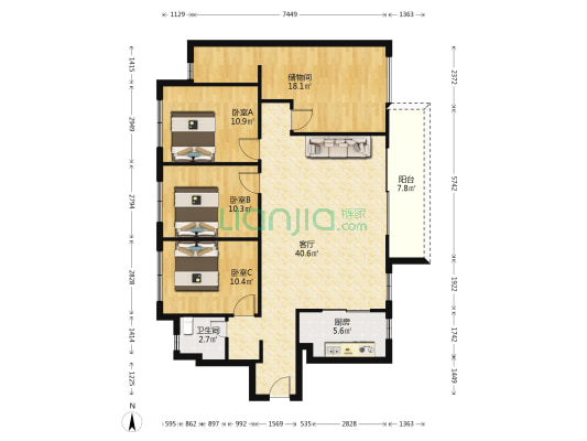 龙湖天境 3室1厅1卫 106平方