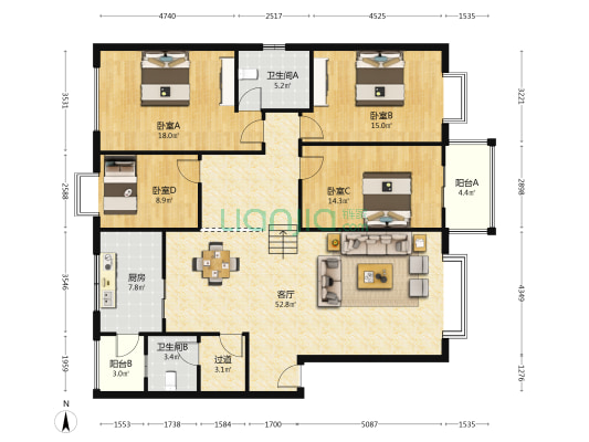 实验学校教师宿舍 4室1厅2卫 160平方