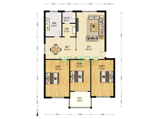 鑫鑫花园 3室2厅1卫 131平方