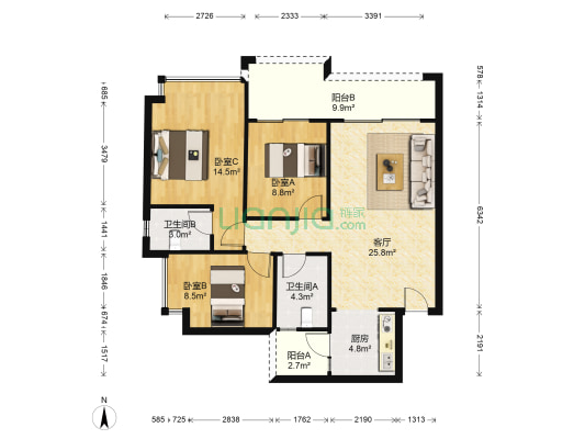 盛南智信华府 3室1厅2卫 99平方