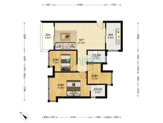 顺景蔷薇山庄四期 3室1厅2卫 87平方