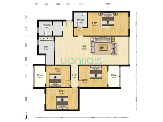 二道桥街36号 4室1厅2卫 166平方