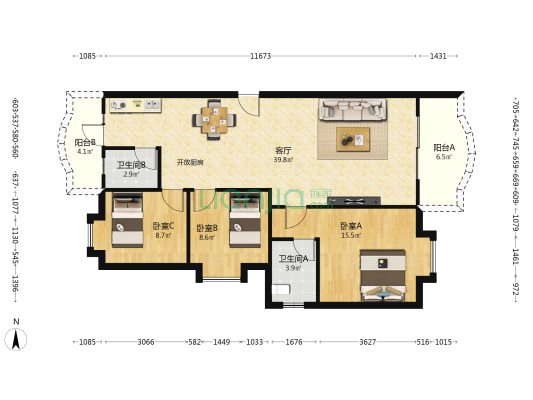 华月苑 3室1厅2卫 102平方