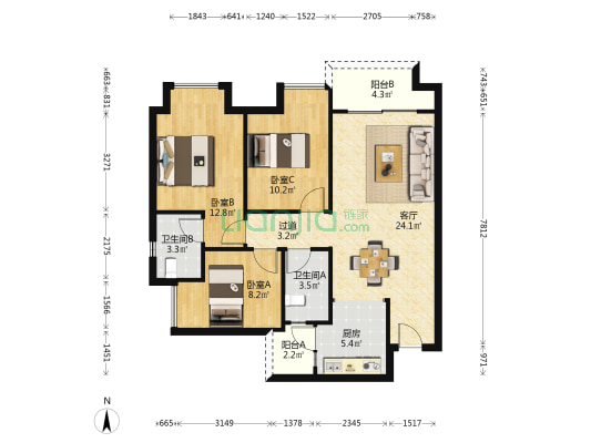 远洋朗基枫桦四季 3室1厅2卫 98平方