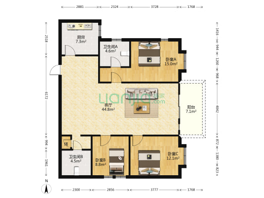 金山花园 3室1厅2卫 129平方